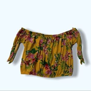 Floral, off the shoulder, cropped, self-tie top